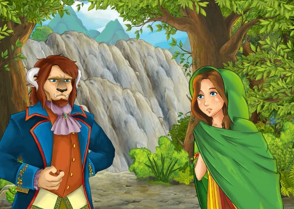 Cartoon Scene Mountains Valley Forest Prince Princess Illustration Children — Stock Photo, Image