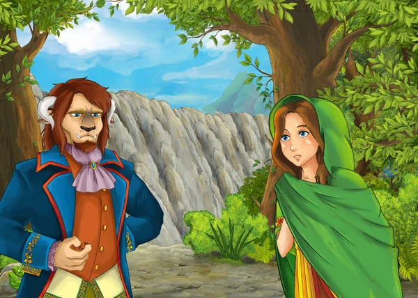 cartoon scene with mountains valley near the forest with prince and princess illustration for children
