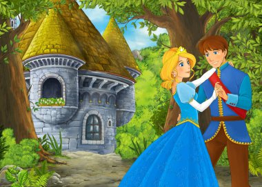 Karikatür doğa sahnesi. Prens ve prensesle güzel bir şato. Çocuklar için çizimler.