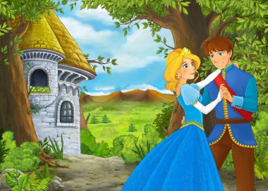 Karikatür doğa sahnesi. Prens ve prensesle güzel bir şato. Çocuklar için çizimler.