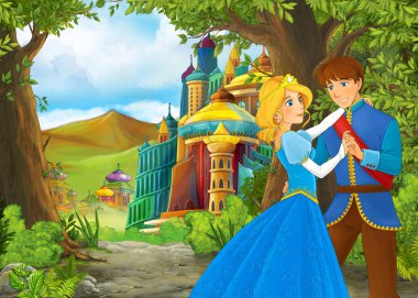 Karikatür doğa sahnesi. Prens ve prensesle güzel bir şato. Çocuklar için çizimler.