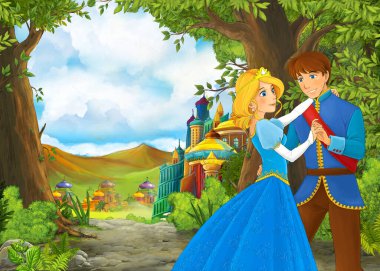 Karikatür doğa sahnesi. Prens ve prensesle güzel bir şato. Çocuklar için çizimler.