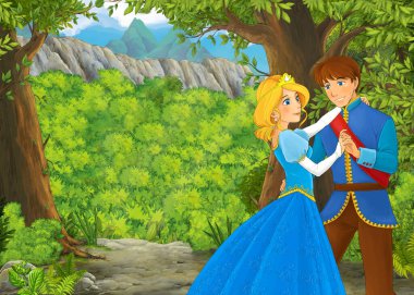 karikatür yaz sahnesi ormanda çayırda prens ve çocuklar için prenses resimleriyle