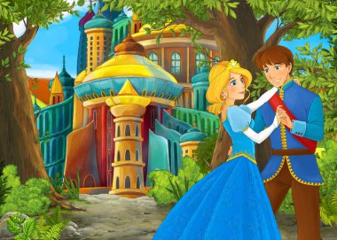 Karikatür doğa sahnesi. Prens ve prensesle güzel bir şato. Çocuklar için çizimler.