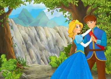 Ormanın yakınındaki dağ vadisinde çocuklar için prens ve prenses resimli karikatür sahnesi.