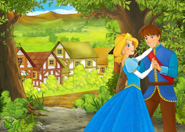 Cartoon Summer Scene Path Farm Village Prince Princess Illustration Children — Stock Photo, Image