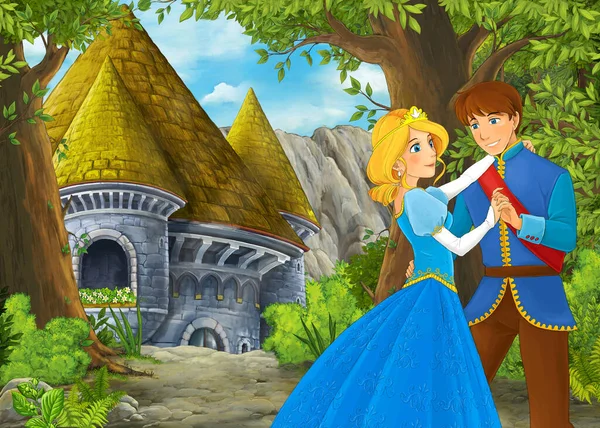 Dibujos Animados Escena Naturaleza Con Hermoso Castillo Con Príncipe Princesa — Foto de Stock