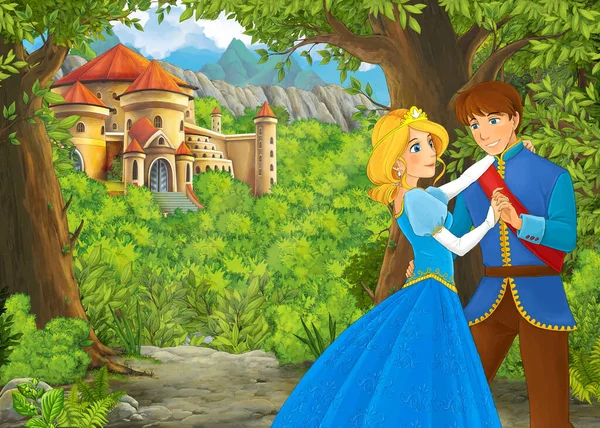 Dessin Animé Scène Nature Avec Beau Château Avec Prince Princesse — Photo