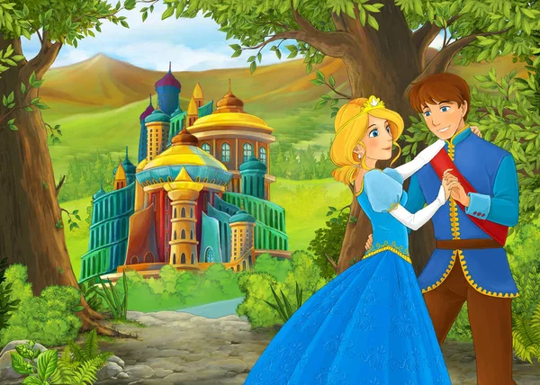 Scena Natura Del Fumetto Con Bellissimo Castello Con Principe Principessa — Foto Stock