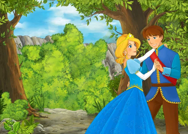 王子と王女のイラストが描かれた森の近くの山の谷の漫画シーン — ストック写真