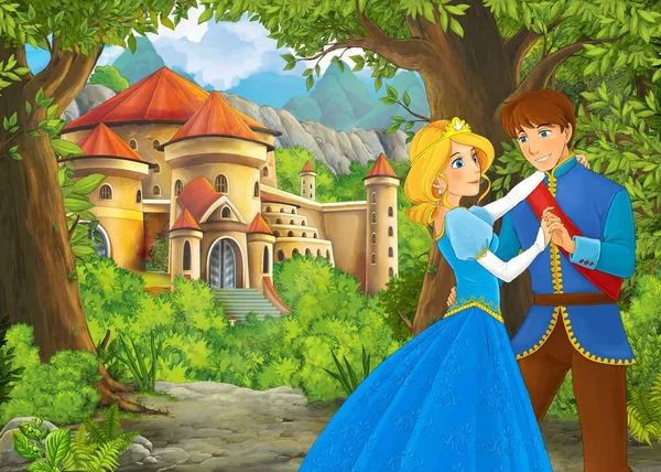 Dibujos Animados Escena Naturaleza Con Hermoso Castillo Con Príncipe Princesa — Foto de Stock