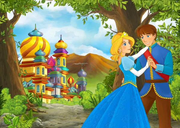 Dibujos Animados Escena Naturaleza Con Hermoso Castillo Con Príncipe Princesa — Foto de Stock