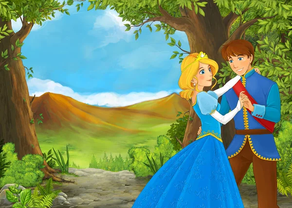 Desenho Animado Cena Verão Com Vale Prado Com Príncipe Princesa — Fotografia de Stock