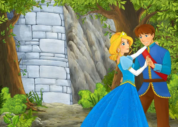 Dessin Animé Scène Nature Avec Beau Château Avec Prince Princesse — Photo