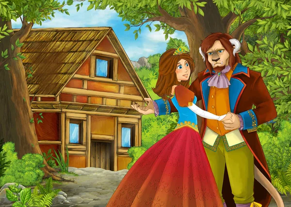 Cartoon Summer Scene Path Farm Village Prince Princess Illustration Children — Stock Photo, Image