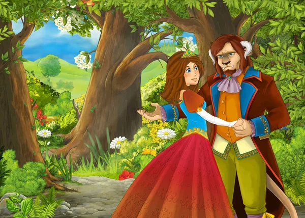 Cartoon Zomer Scene Met Weide Het Bos Met Prins Prinses — Stockfoto
