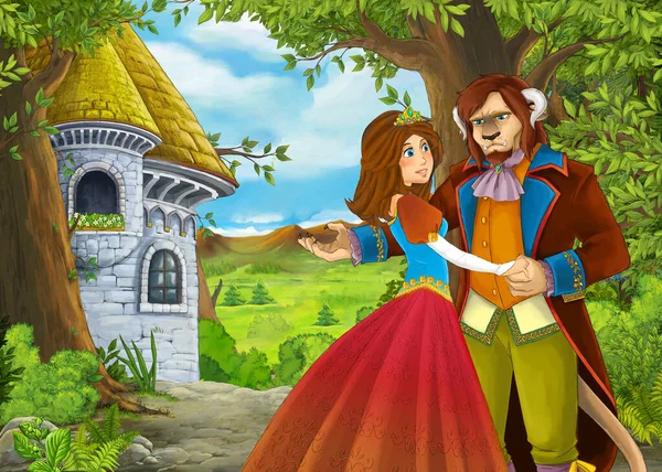 Cartoon Nature Scene Beautiful Castle Prince Princess Illustration Children — Stock Photo, Image