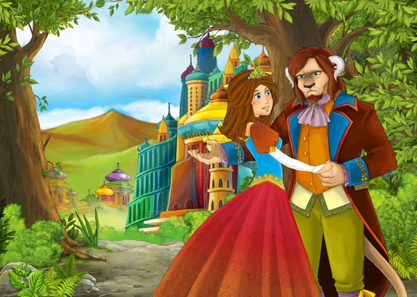 Cartoon Natuur Scène Met Prachtig Kasteel Met Prins Prinses Illustratie — Stockfoto