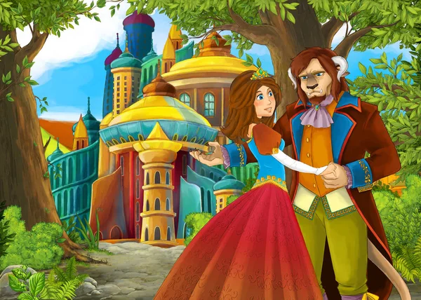 Scena Natura Del Fumetto Con Bellissimo Castello Con Principe Principessa — Foto Stock