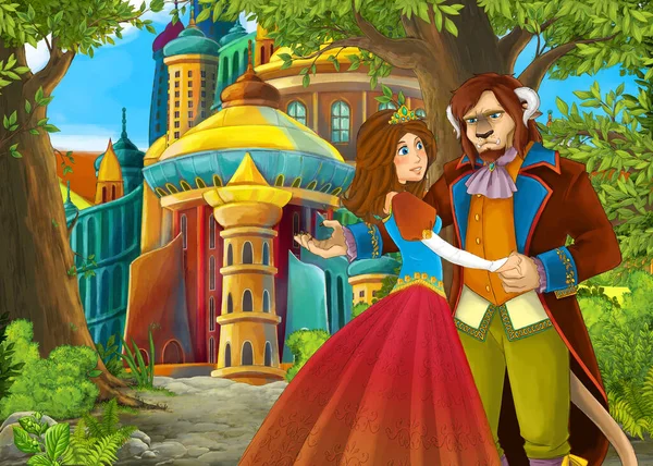 Cartoon Nature Scene Beautiful Castle Prince Princess Illustration Children — Stock Photo, Image