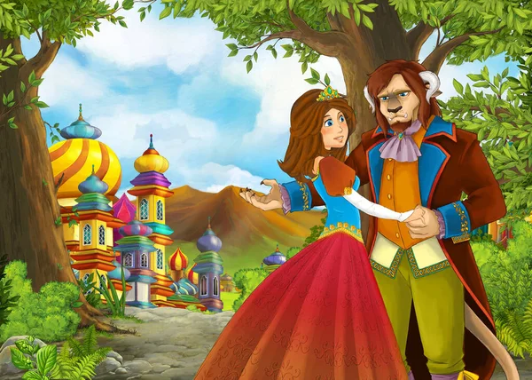 Cartoon Natuur Scène Met Prachtig Kasteel Met Prins Prinses Illustratie — Stockfoto