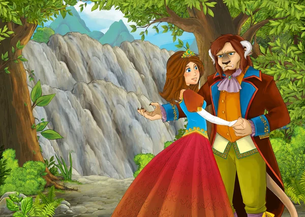 Cartoon Scene Mountains Valley Forest Prince Princess Illustration Children — Stock Photo, Image
