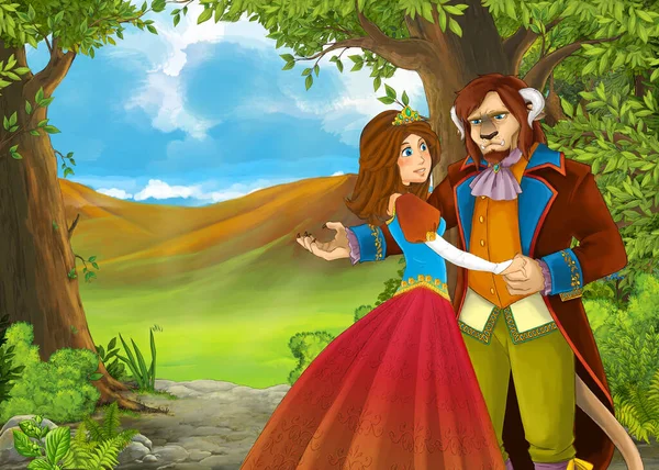 Cartoon Summer Scene Meadow Forest Prince Princess Illustration Children — Stock Photo, Image