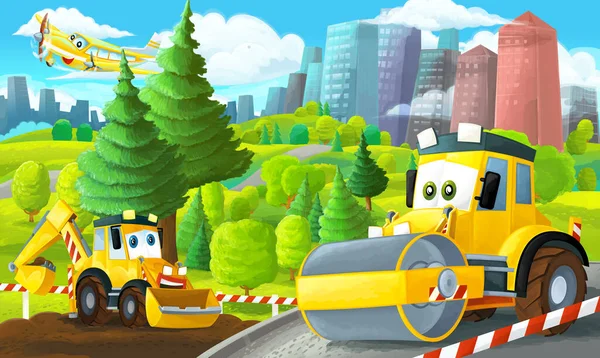 cartoon scene with road roller and excavator working near the city illustration for children