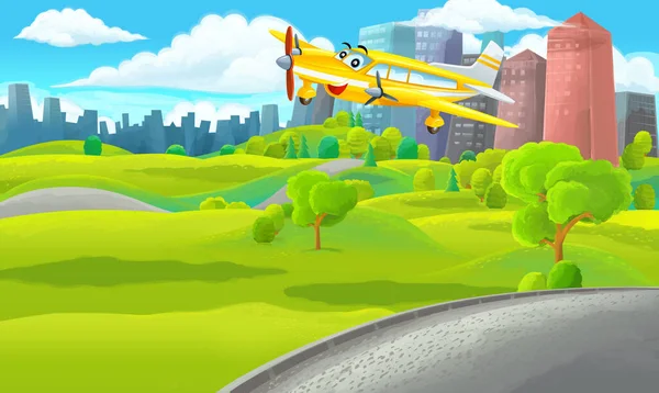 街の外の公園で子供のための飛行機のイラストを飛んで漫画シーン — ストック写真