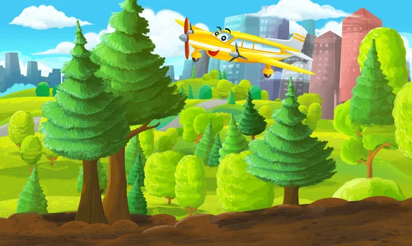 Cartoon Scene Park City Private Plane Flying Illustration Children — Stock Photo, Image