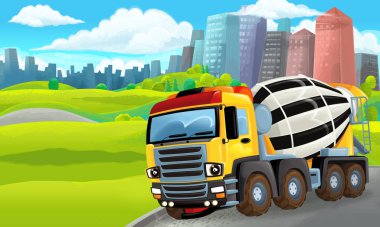 Şehrin dışındaki parkta çocuklar için beton karıştırıcı illüstrasyonlu karikatür sahnesi