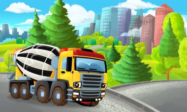 Şehrin dışındaki parkta çocuklar için beton karıştırıcı illüstrasyonlu karikatür sahnesi