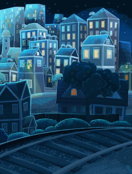 Cartoon Scene Stad Voorsteden Door Nachts Illustratie Voor Kinderen — Stockfoto