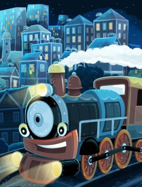 Geceleri şehir banliyölerinde çocuklar için lokomotif tren illüstrasyonuyla karikatür sahnesi