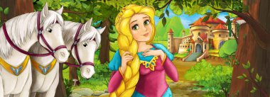 Karikatür doğa sahnesi. Ormanın yakınındaki güzel şato. Güzel genç prenses ve atlar.