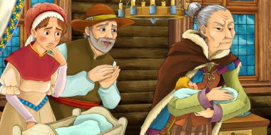 Ebeveynlerin çiftçi ve eşinin çocuk resimlerini çizdiği karikatür sahnesi.