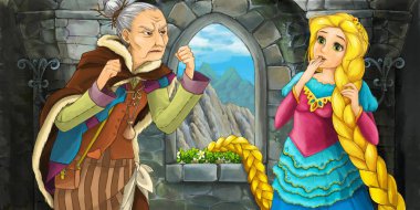 Kale odasında prenses ve korkunç cadıyla karikatür sahnesi - çocuklar için çizim