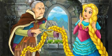 Kale odasında prenses ve korkunç cadıyla karikatür sahnesi - çocuklar için çizim