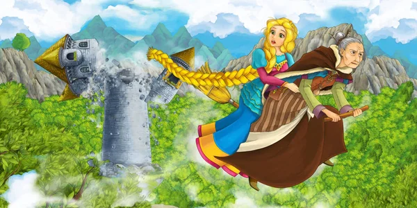 Cartoon Scene Met Prinses Heks Vliegen Magische Bezem Ontsnappen Uit — Stockfoto