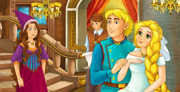 王子和公主夫妇在城堡房间为孩子们做的卡通画 — 图库照片