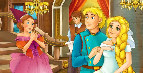 Cena Dos Desenhos Animados Com Príncipe Princesa Casal Sala Castelo — Fotografia de Stock