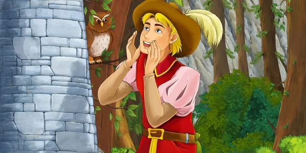 Cartoon Scene Prince Journey Horse Riding Forest Illustration Children — Stock Photo, Image