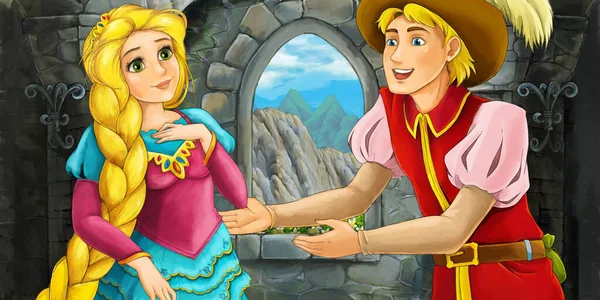 卡通片场景 王子在城堡塔中 公主为孩子们作插图 — 图库照片
