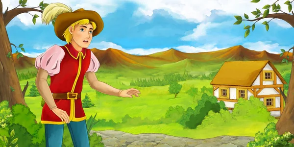 Scena Dei Cartoni Animati Con Principe Nel Ranch Fattoria Illustrazione — Foto Stock