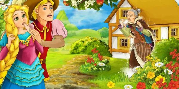 Tegneserie Scene Med Prins Prinsesse Gården Frugtplantage Rejsen Illustration Børn - Stock-foto