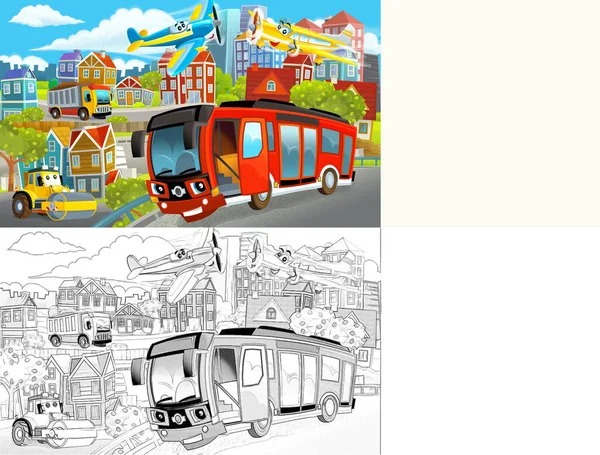 Desenho Animado Cena Feliz Engraçado Meio Uma Cidade Com Carros — Fotografia de Stock