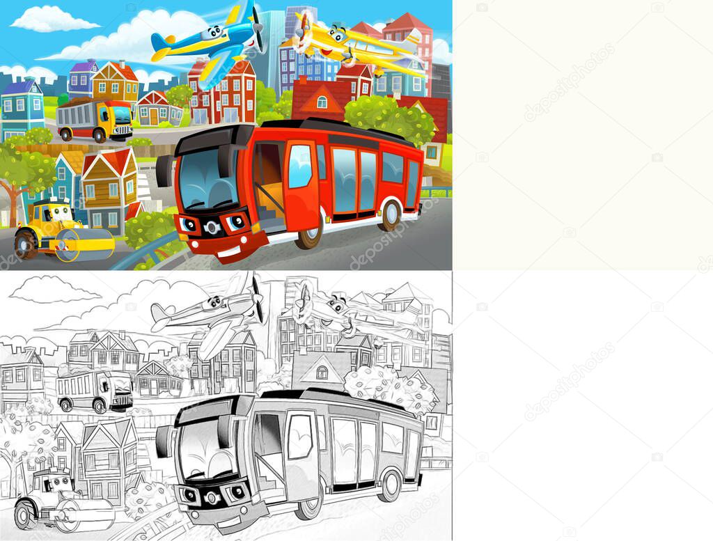 cartoon happy and funny scene of the middle of a city with cars driving by - illustration for children