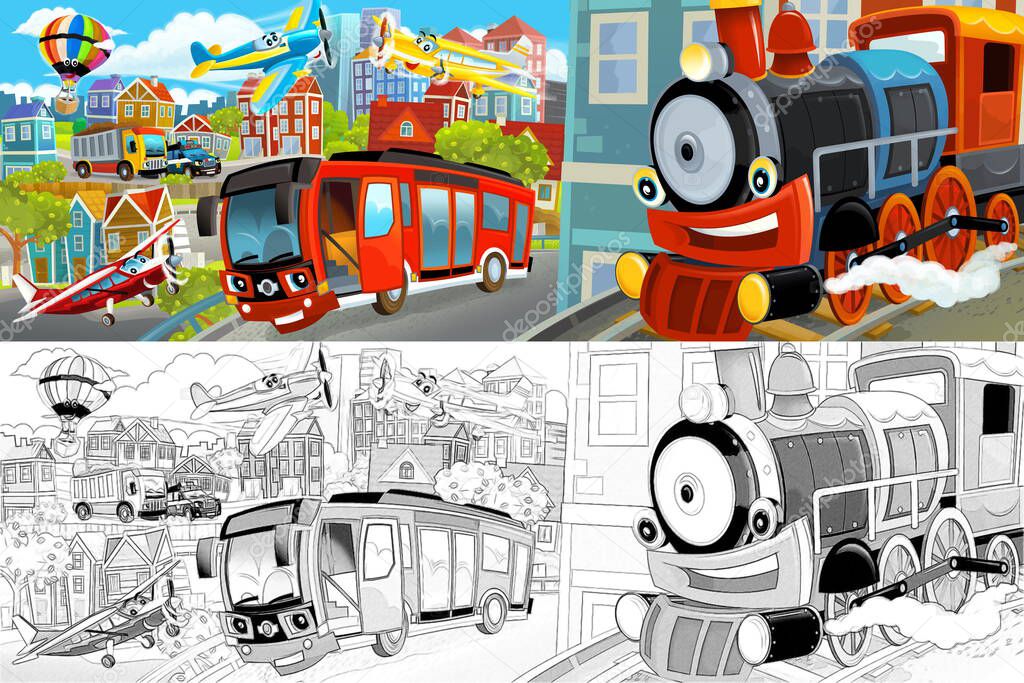 cartoon happy and funny scene of the middle of a city with cars driving by - illustration for children
