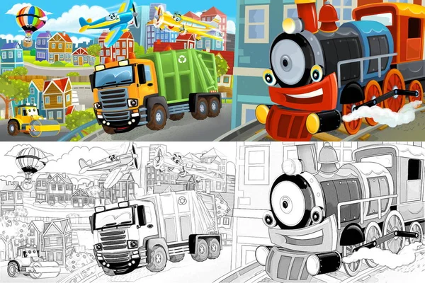 Dessin Animé Scène Joyeuse Drôle Milieu Une Ville Avec Camion — Photo