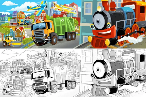 Dessin Animé Scène Joyeuse Drôle Milieu Une Ville Avec Camion — Photo